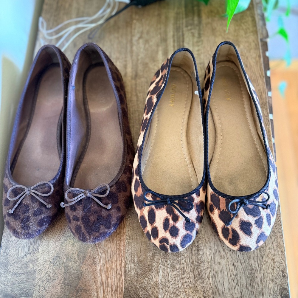 Old Navy Ballet Flats Womens 8 Brown Leopard Print Bundle 2 Pairs Bow Accents - Picture 15 of 15